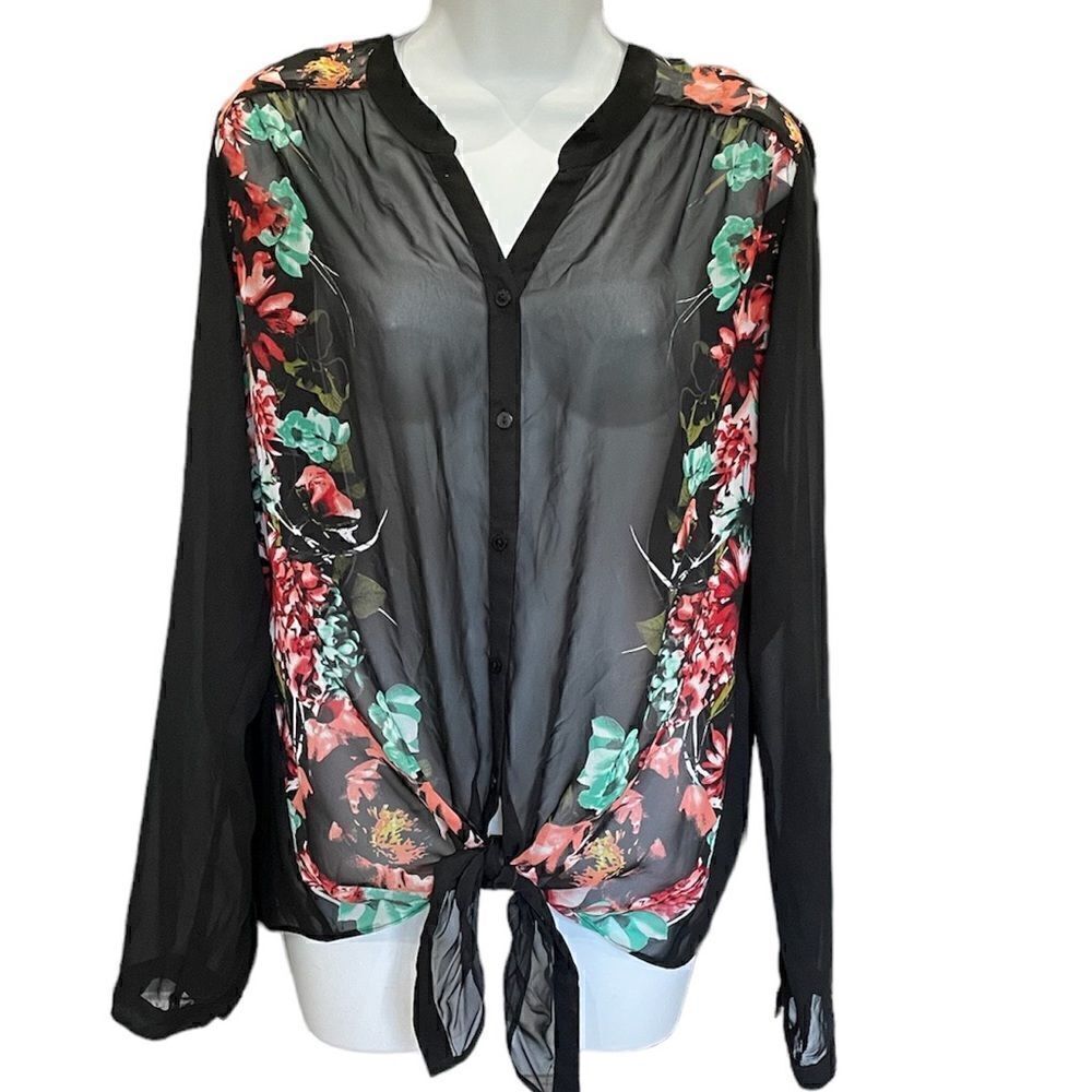 Worthington loose fit sheer floral front tie long sleeve, button front tunic.